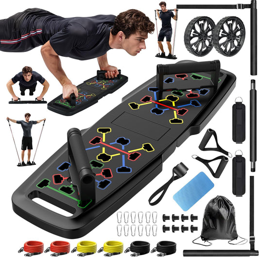 WEEZZUN Push Up Board,Home Gym,Portable Exercise Equipment,Pilates Bar and 20 Fitness Accessories with Resistance Bands and Ab Roller Wheel,Full Body Workout at Home